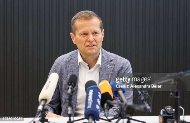 Ferenc Krausz addresses a news conference after co-winning the Nobel Prize in Physics on October 03, 2023 in Garching, Germany. Krausz, who works at...