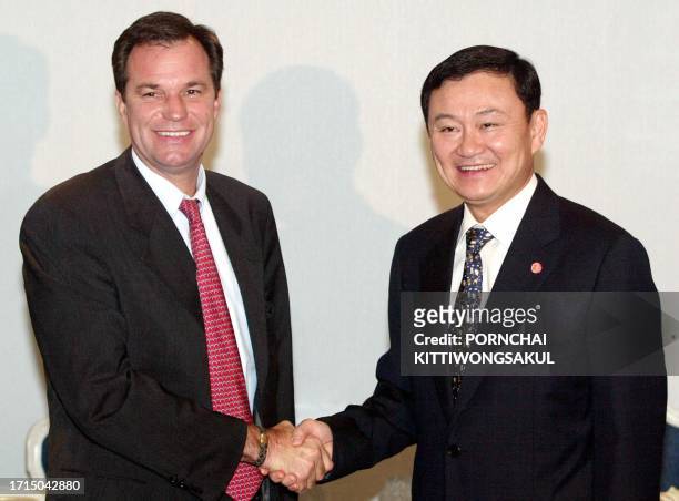 Thai Prime Minister Thaksin Shinawatra welcomes French Deputy Minister of Foreign Affairs, Renaud Muselier at Government House in Bangkok, 21...