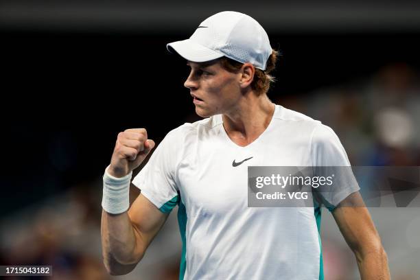 Jannik Sinner of Italy reacts in the Men's Singles Semi-final match against Carlos Alcaraz of Spain on day eight of 2023 China Open at the National...