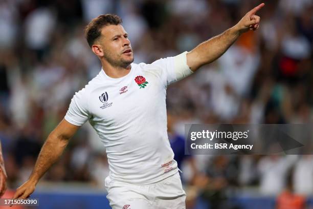 Danny Care of England celebrates a try during the Rugby World Cup France 2023 match between England and Samoa at Stade Pierre Mauroy on October 7,...