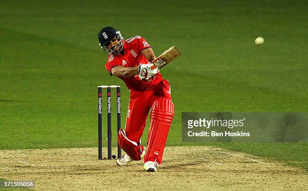 Ravi Bopara of England hits out during the 1st Natwest International T20 match between England and New Zealand at The Kia Oval on June 25, 2013 in...