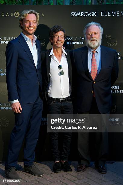 Markus Langes-Swarovski, Willie Marquez and Tomas Osborne attend Swarovski-Osborne Bull illumination at the Casa America on June 25, 2013 in Madrid,...