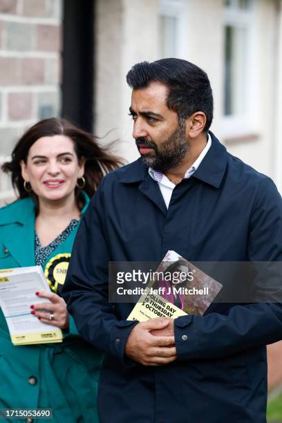 First Minister Humza Yousaf, joins SNP candidate for the Rutherglen and Hamilton West by-election, Katy Loudon campaigning on October 03, 2023 in the...