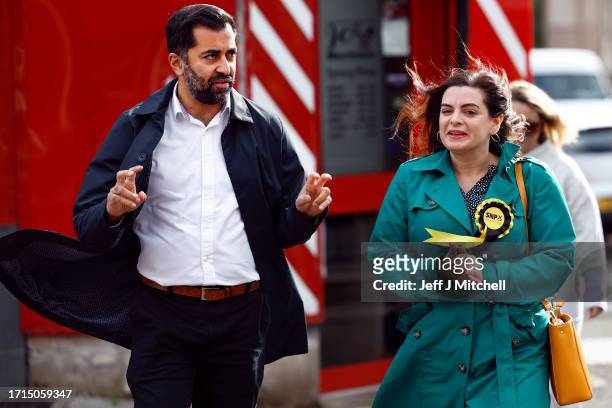 First Minister Humza Yousaf, joins SNP candidate for the Rutherglen and Hamilton West by-election, Katy Loudon campaigning on October 03, 2023 in the...