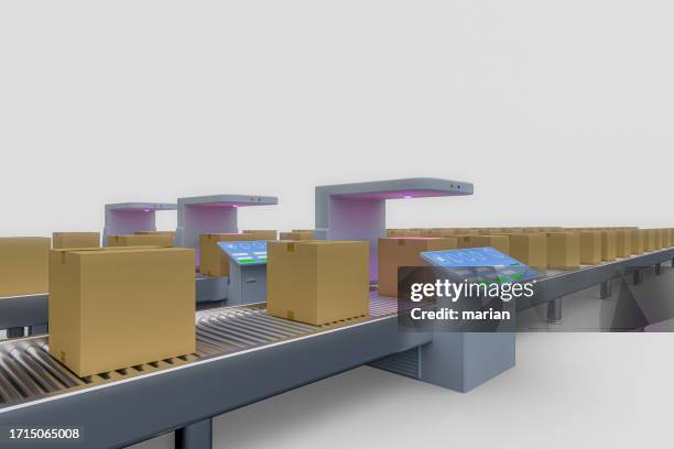 3d rendering, mail conveyor belt - barcode reader stock pictures, royalty-free photos & images