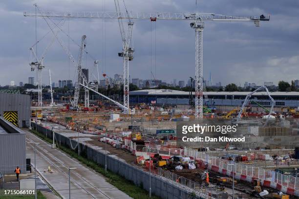 Construction continues on the Old Oak Common HS2 site on October 03, 2023 in London, England. Speculation about the fate of the HS2 high-speed rail...