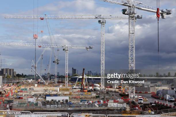 Construction continues on the Old Oak Common HS2 site on October 03, 2023 in London, England. Speculation about the fate of the HS2 high-speed rail...