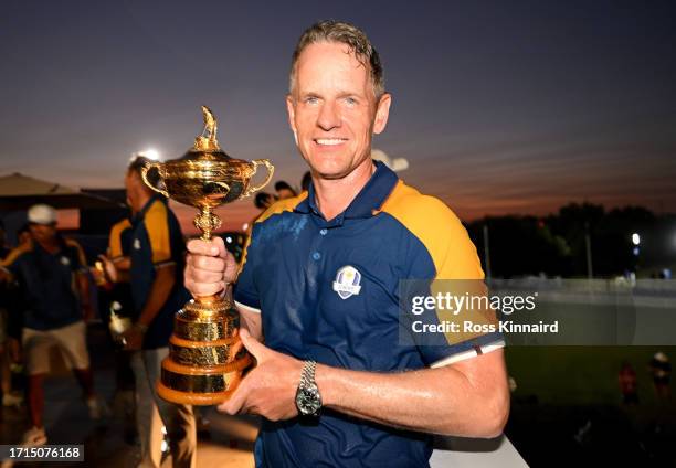 Luke Donald, Captain of Team Europe poses with the Ryder Cup after the Sunday singles matches of the 2023 Ryder Cup at Marco Simone Golf Club on...