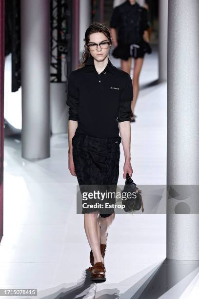 Model walks the runway during the Miu Miu Womenswear Spring/Summer 2024 show as part of Paris Fashion Week on October 3, 2023 in Paris, France.