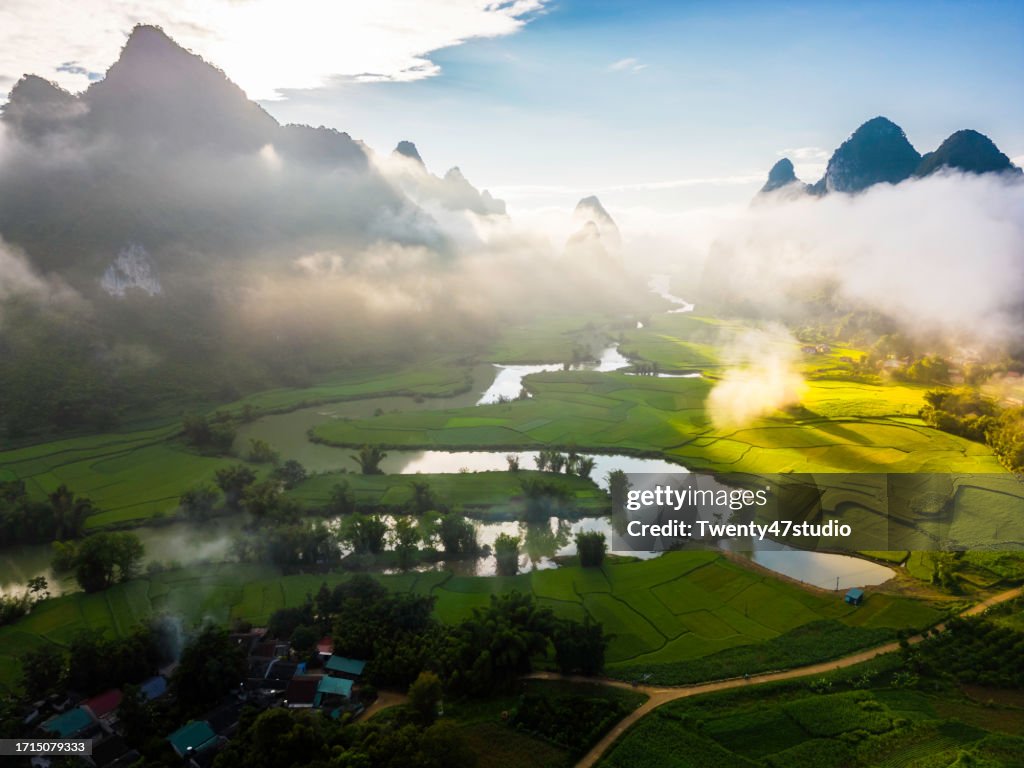 Aerial view of Phong Nam village in Trung Khanh, Vietnam