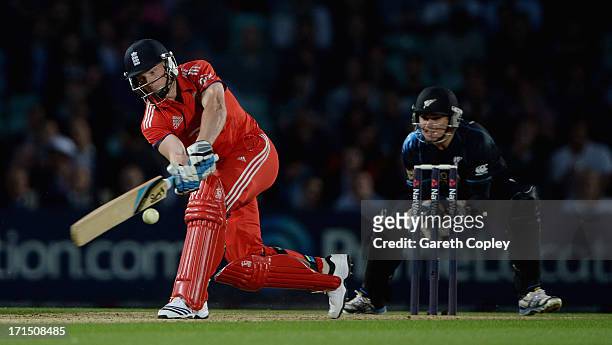 Jos Buttler of England bats during the 1st NatWest International T20 match between England and New Zealand at The Kia Oval on June 25, 2013 in...