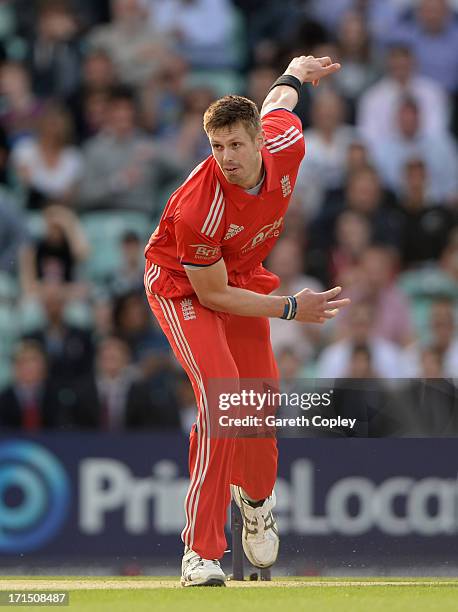 Boyd Rankin of England bowls during the 1st NatWest International T20 match between England and New Zealand at The Kia Oval on June 25, 2013 in...