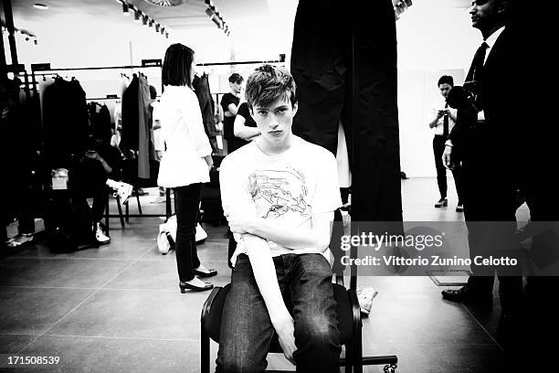 Model poses backstage at the Z Zegna show during Milan Menswear Fashion Week Spring Summer 2014 on June 25, 2013 in Milan, Italy.