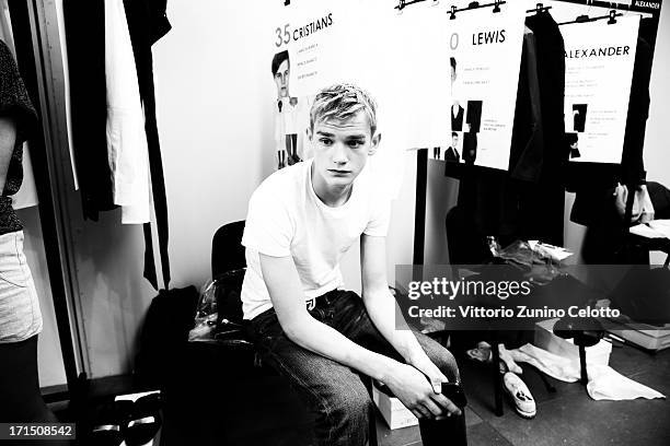 Model poses backstage at the Z Zegna show during Milan Menswear Fashion Week Spring Summer 2014 on June 25, 2013 in Milan, Italy.