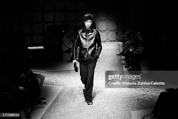 Model walks the runway at the Z Zegna show during Milan Menswear Fashion Week Spring Summer 2014 on June 25, 2013 in Milan, Italy.