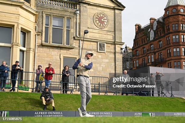 Former Cricketer, Stuart Broad tees off on the 1st hole during a practice round prior to the Alfred Dunhill Links Championship at the Old Course St....