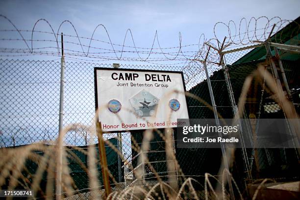 Sign stands in front of Camp Delta which is part of the U.S. Military prison for 'enemy combatants' on June 25, 2013 in Guantanamo Bay, Cuba....