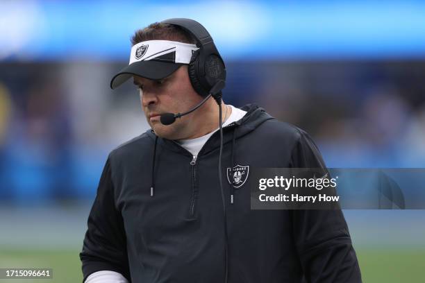 Head coach Josh McDaniels on the sidelines during a 24-17 loss to the Los Angeles Chargers at SoFi Stadium on October 01, 2023 in Inglewood,...