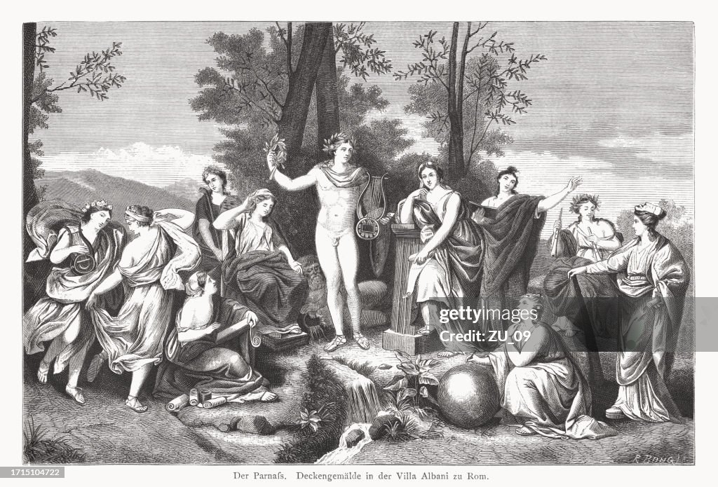 Parnasus, painted by Anton Raphael Mengs, Rome, woodcut, published 1878