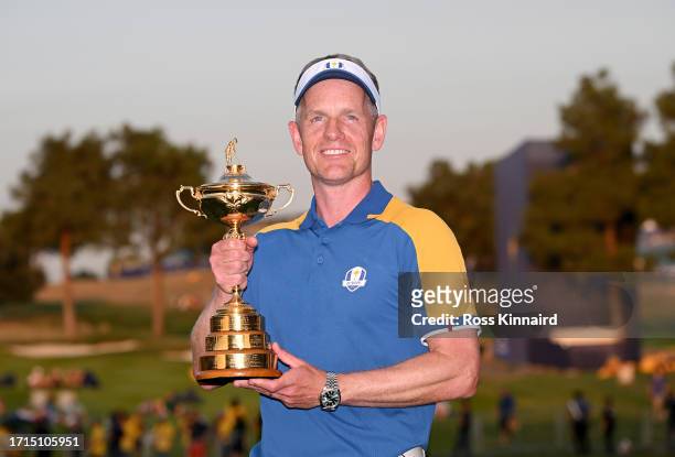 Luke Donald, Captain of Team Europe poses with the Ryder Cup after the Sunday singles matches of the 2023 Ryder Cup at Marco Simone Golf Club on...