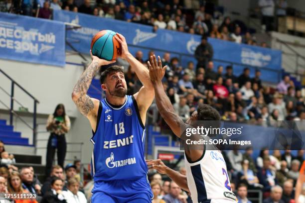 Adrien Moerman of Zenit St Petersburg and Casper Ware of CSKA Moscow in action during the VTB United League basketball match, Regular Season, between...