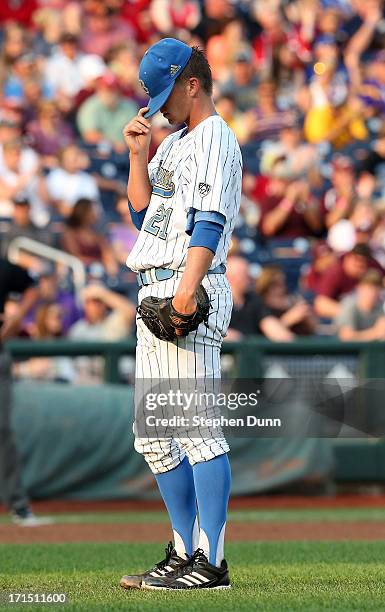 Nick Vander Tuig of the UCLA Bruins prepares to throw the first pitch against the Mississippi State Bulldogs during game two of the College World...