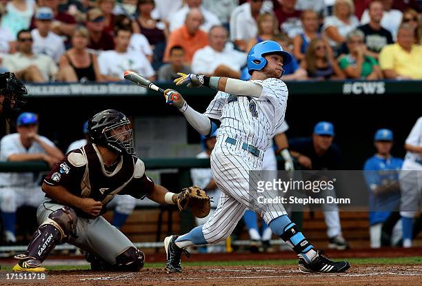 Eric Filia of the UCLA Bruins hits a sacrifice fly to bring the Bruins' run in the first inning against the Mississippi State Bulldogs during game...