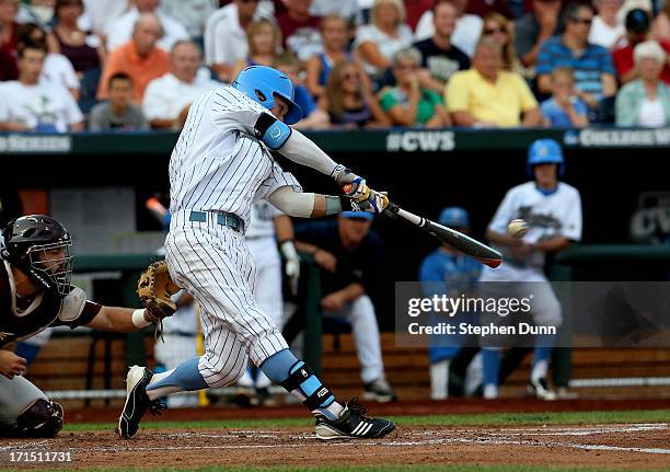 Eric Filia of the UCLA Bruins hits a sacrifice fly to bring the Bruins' run in the first inning against the Mississippi State Bulldogs during game...