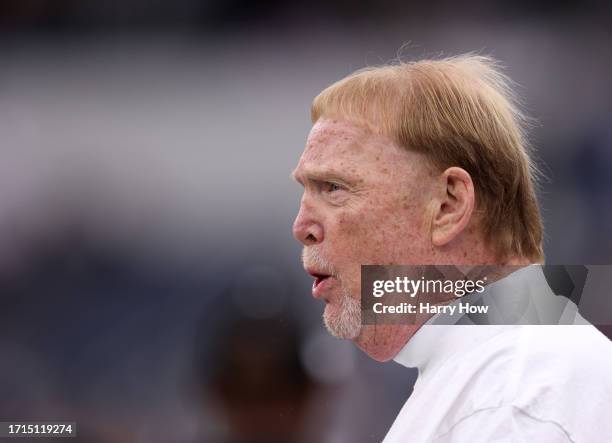 Owner Mark Davis of the Las Vegas Raiders during warm up before the game against the Los Angeles Chargers at SoFi Stadium on October 01, 2023 in...