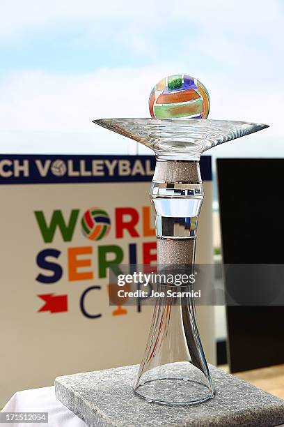 Leonard Armato, CEO, unveils the inaugural World Series Cup with US vs the World at the ASICS World Series of Beach Volleyball on June 25, 2013 in...