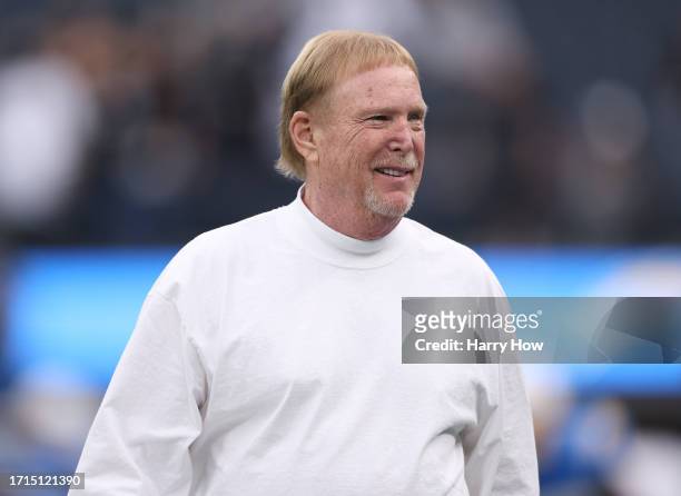 Owner Mark Davis of the Las Vegas Raiders during warm up before the game against the Los Angeles Chargers at SoFi Stadium on October 01, 2023 in...