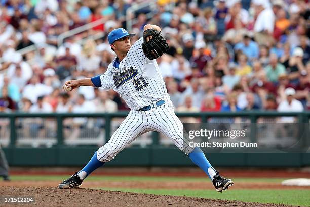 Nick Vander Tuig of the UCLA Bruins throws a pitch against the Mississippi State Bulldogs during game two of the College World Series Finals on June...