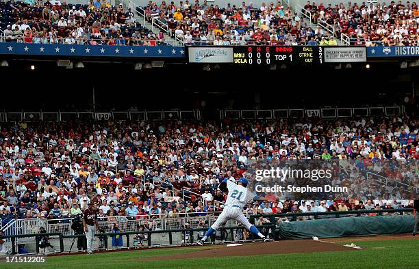 Nick Vander Tuig of the UCLA Bruins throws a pitch against the Mississippi State Bulldogs during game two of the College World Series Finals on June...