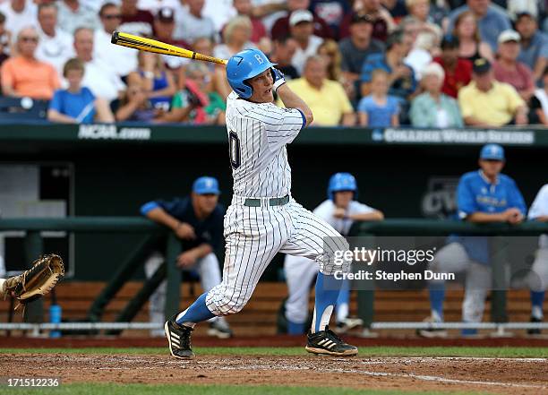 Pat Valaika of the UCLA Bruins hits an RBI single in the third inning against the Mississippi State Bulldogs during game two of the College World...