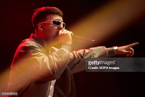 Spanish artist Pedro Luis Dominguez Quevedo known professionally as Quevedo performs live on the stage of the Navarra Arena pavilion in Pamplona. The...
