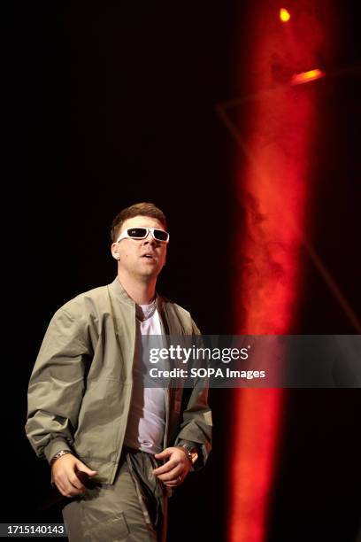 Spanish artist Pedro Luis Dominguez Quevedo known professionally as Quevedo performs live on the stage of the Navarra Arena pavilion in Pamplona. The...