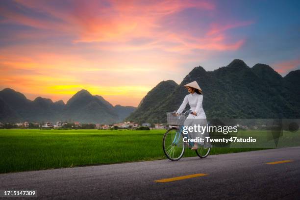 a woman wearing ao dai vietnamese traditional dress riding a bicycle in a village in vietnam - traditional clothing stock pictures, royalty-free photos & images