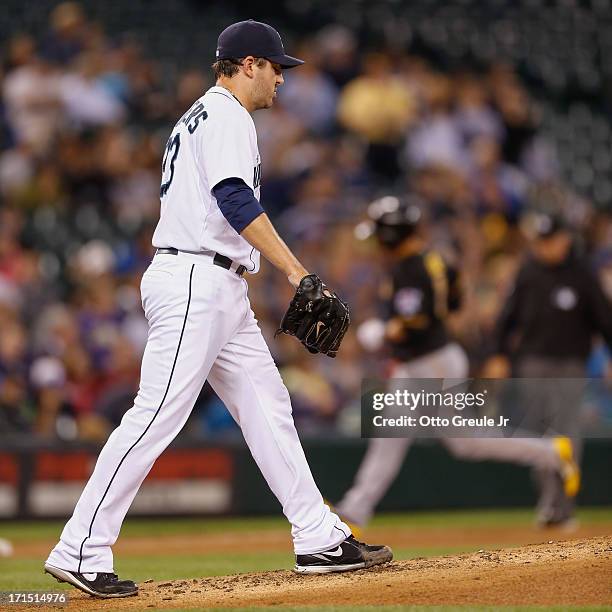 Starting pitcher Joe Saunders of the Seattle Mariners gets back on the mound after giving up a three-run home run to Brandon Inge of the Pittsburgh...