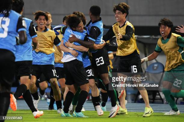Kento Tachibanada of Kawasaki frontale celebrates scoring his team's first goal during the AFC Champions League Group I match between Kawasaki...