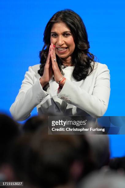 Home Secretary Suella Braverman speaks on the third day of the Conservative Conference on October 03, 2023 in Manchester, England. Home Secretary...