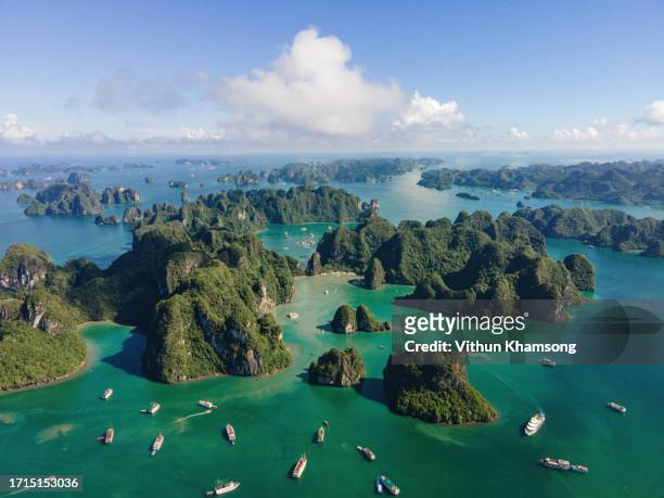 aerial view of halong bay in vietnam - halong bay vietnam stockfoto's en -beelden
