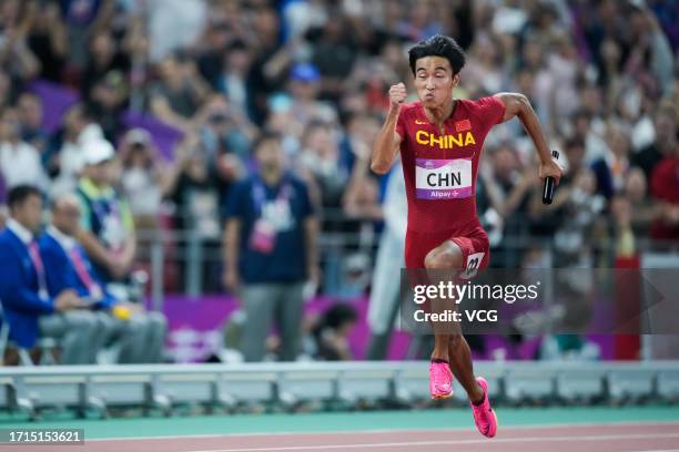 Chen Jiapeng of Team China competes in the Athletics - Men's 4 x 100m Relay on day ten of the 19th Asian Games at Hangzhou Olympic Sports Centre...