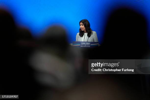 Home Secretary Suella Braverman speaks on the third day of the Conservative Conference on October 03, 2023 in Manchester, England. Home Secretary...