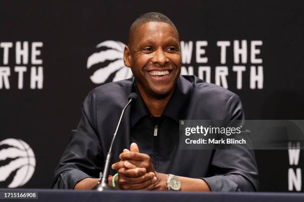 Masai Ujiri President of the Toronto Raptors speaks during media day on October 2, 2023 in Toronto, Ontario, Canada. NOTE TO USER: User expressly...