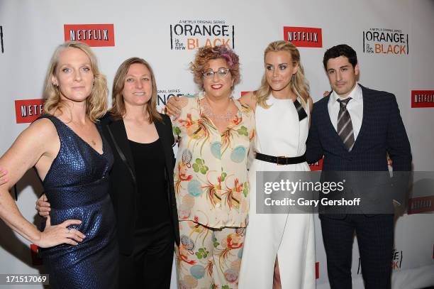 Author Piper Kerman, VP of Original Content, Netfilx, Cindy Holland, writer Jenji Kohan and actors Taylor Schilling and Jason Biggs attend 'Orange Is...