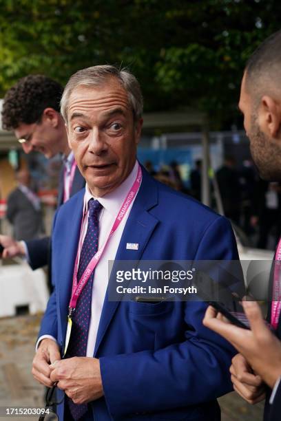 Nigel Farage tends on the third day of the Conservative Party Conference on October 03, 2023 in Manchester, England. Home Secretary Suella Braverman...