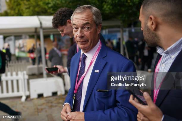 Nigel Farage tends on the third day of the Conservative Party Conference on October 03, 2023 in Manchester, England. Home Secretary Suella Braverman...