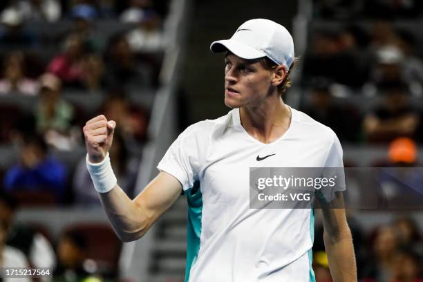 Jannik Sinner of Italy reacts in the Men's Singles Semi-final match against Carlos Alcaraz of Spain on day eight of 2023 China Open at the National...