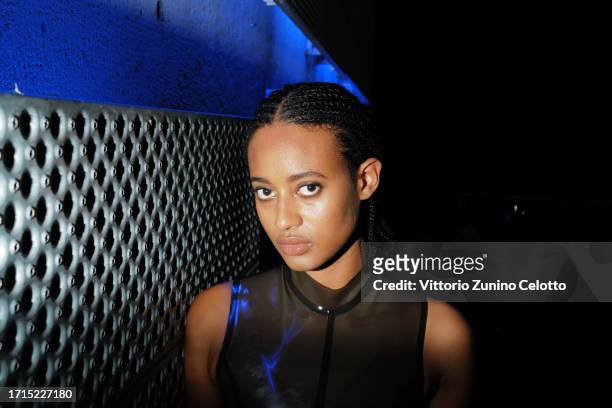 Model poses backstage prior to the Avellano Womenswear Spring/Summer 2024 show as part of Paris Fashion Week on October 03, 2023 in Paris, France.