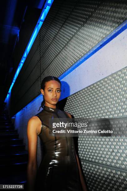 Model poses backstage prior to the Avellano Womenswear Spring/Summer 2024 show as part of Paris Fashion Week on October 03, 2023 in Paris, France.